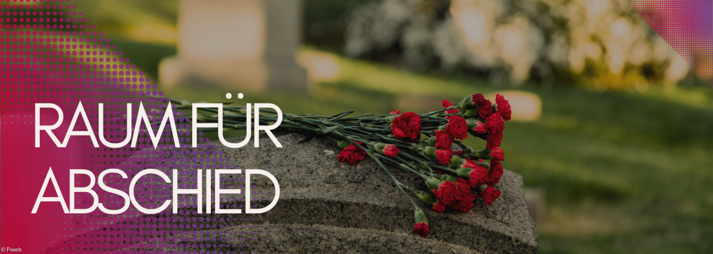 Blick auf einen Grabstein. Auf ihm liegen rote Blumen.