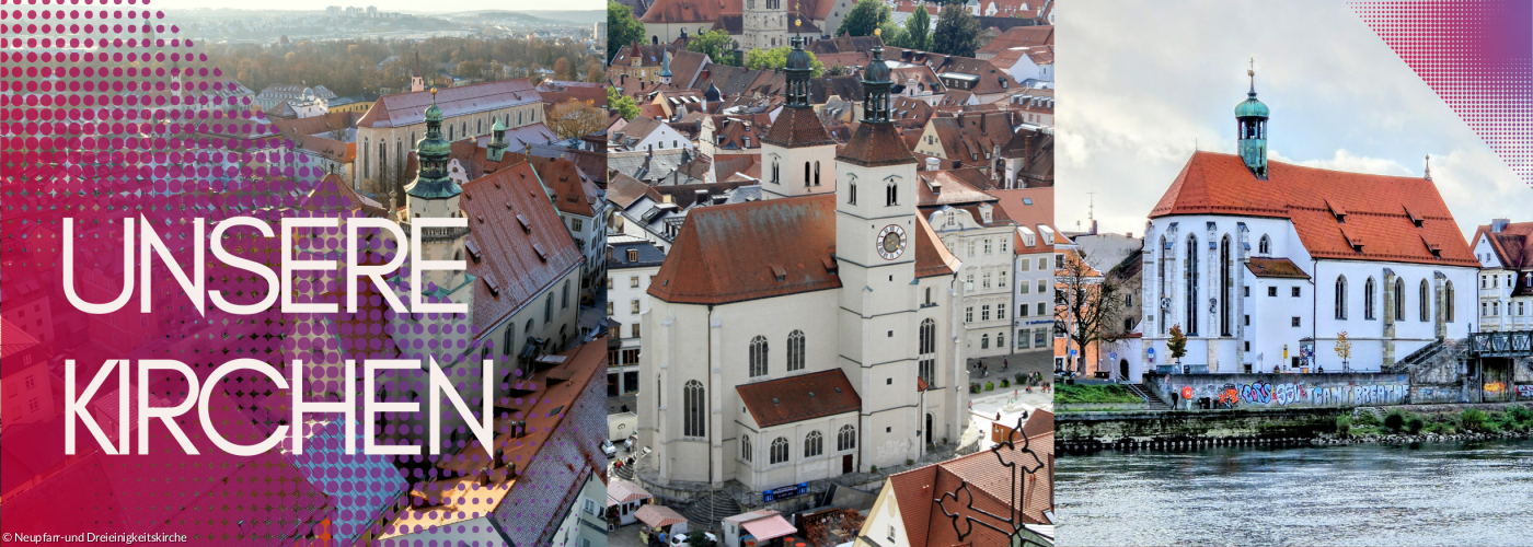 Man sieht die verschiedenen Kirchen Dreieinigkeitskirche, Neupfarrkirche und die Oswaldkirche